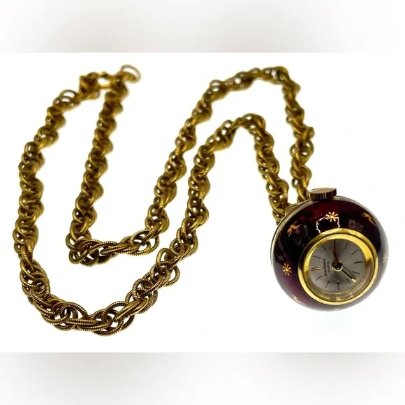 Vintage 1960s Signed Jean Perret Gold Tone Red Enamel Orb Necklace Watch Working - Picture 1 of 14